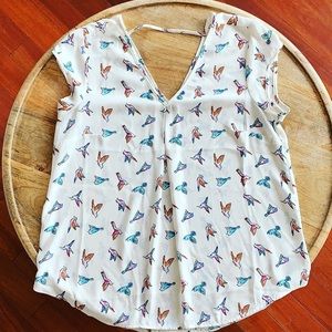 DR2 Bird Pattern Double V-Neck Top